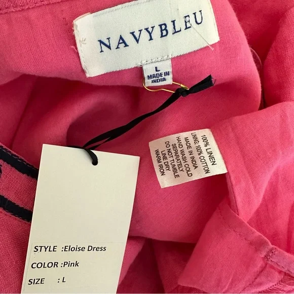 Navy Bleu Eloise Pink Embroidered Linen Flutter Sleeve Dress Size Large - Picture 14 of 14